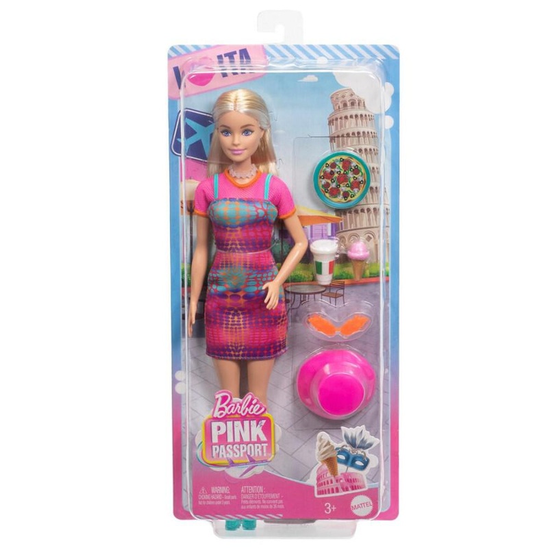 Barbie Pink Passport Italy Doll Set With Clothes & Travel Accessories, Includes Blonde Doll & Food Pieces