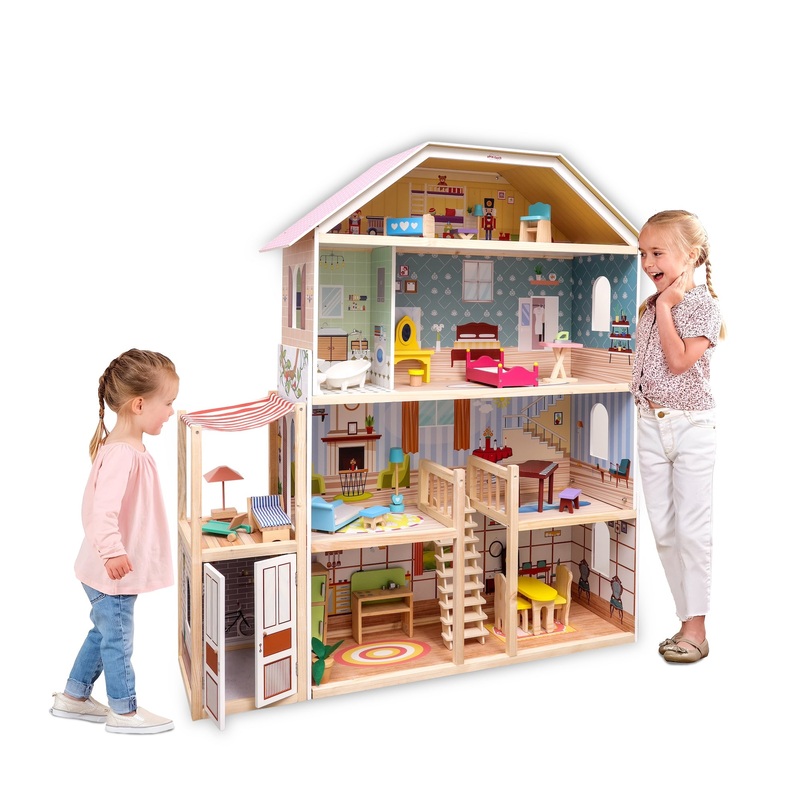 Open Ended Wooden Doll House – Grand Mansion  (28 pcs furniture included)
