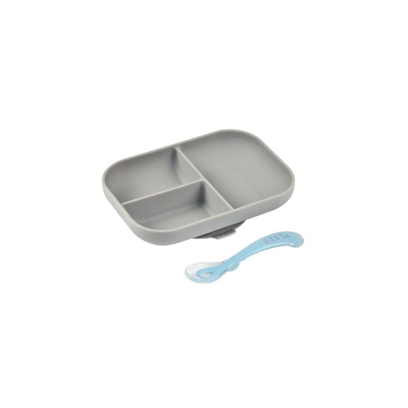 Beaba Silicone Suction Divided Plate & Spoon (Grey)