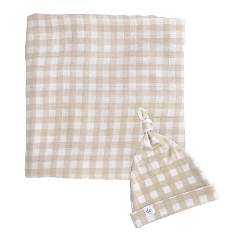 Bamboo Muslin Swaddle Blanket & Topknot Set – Gingham