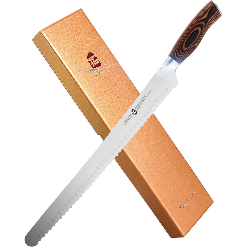 TUO Serrated Slicing Knife 14 inch – Razor Sharp Carving Knives Professional Meat Carver Long Cake Slicer – Premium German HC Steel & Full Tang Pakkawood Handle – Gift Box Included – Fiery Series