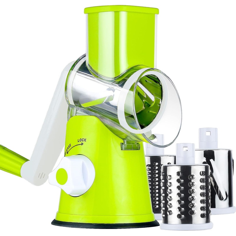 Ancevsk Rotary Cheese Grater Shredder, Speed Kitchen Manual Round Mandolin Slicer Safe Grinder with 3 Interchangeable Blades for Nuts, Carrot, Hashbrown, Garlic, Walnut, Potato, Chocolate (Green)