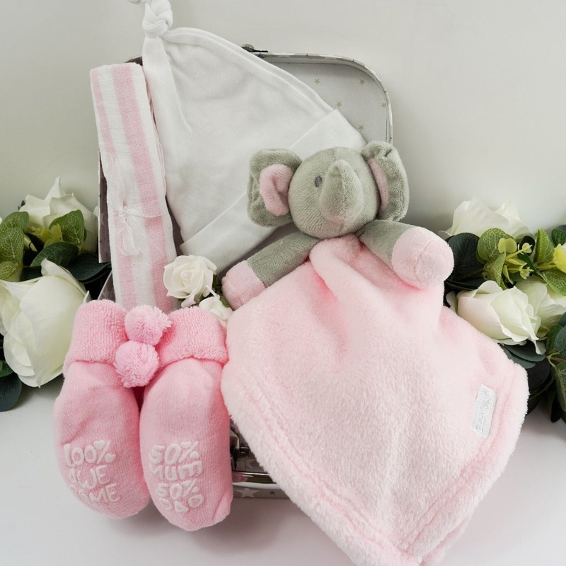 Small Baby Girl Gift Hamper, Pink Elephant Comforter, Cute Pink Baby Socks, Personalised Baby Gift