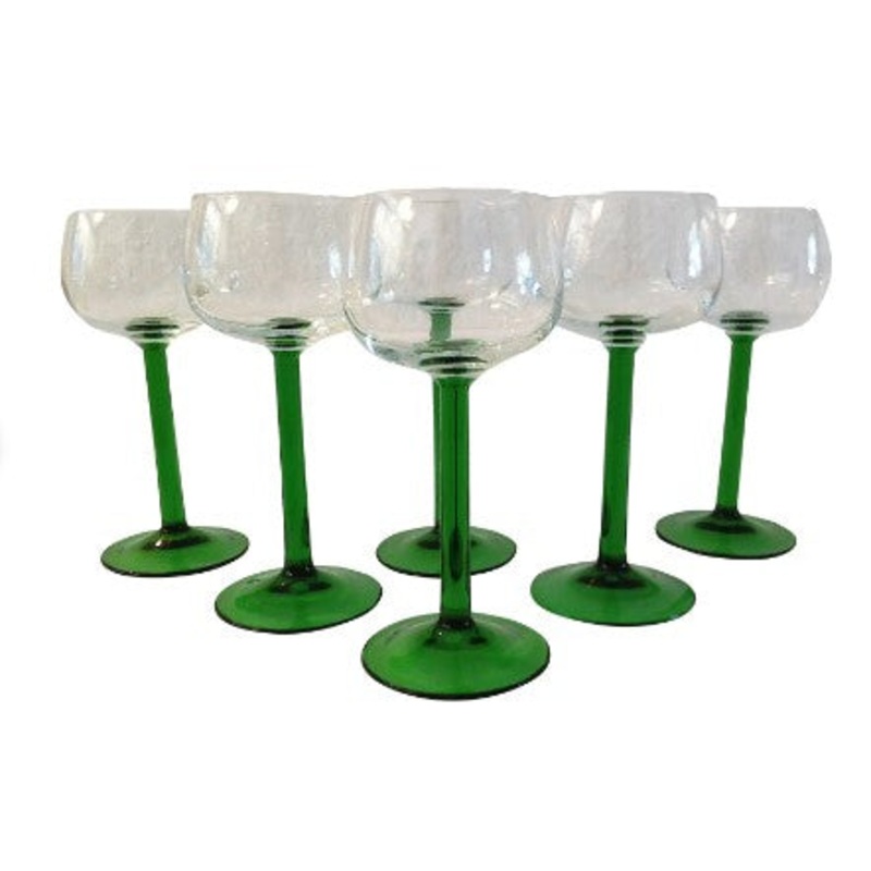 Vintage French Emerald Stemmed Crystal Wine Glasses – S/6