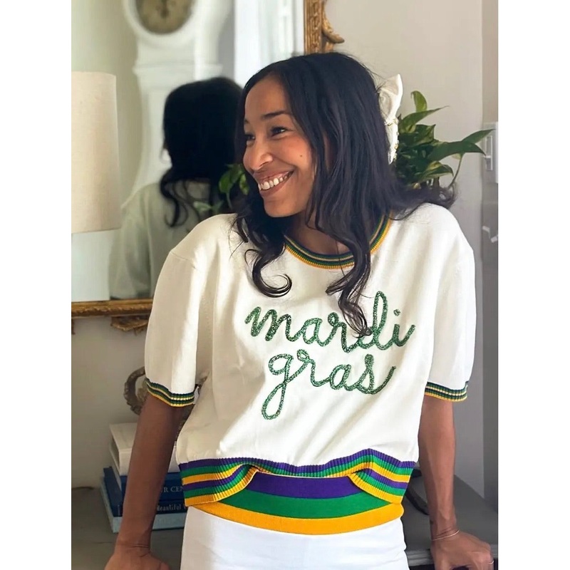 Adult Short Sleeve Tinsel Crop – Mardi Gras