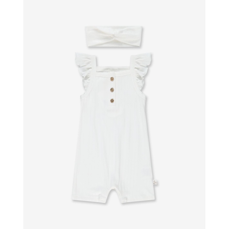 Baby Girl Flared Sleeves Overall & Hair Band RIB2 – Cream