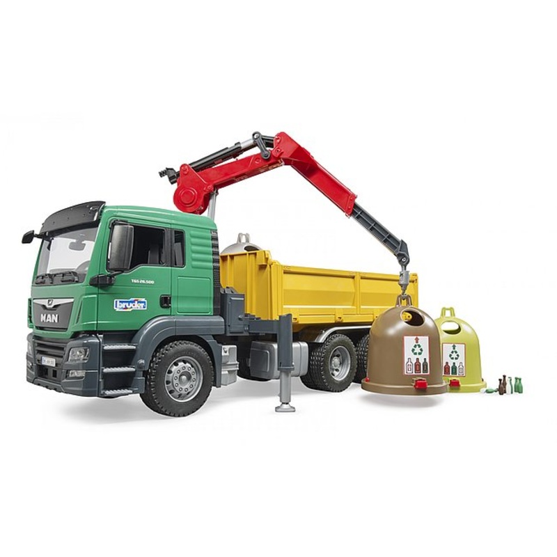 Bruder 03753 MAN TGS Truck with 3 glass recycling containers & bottles