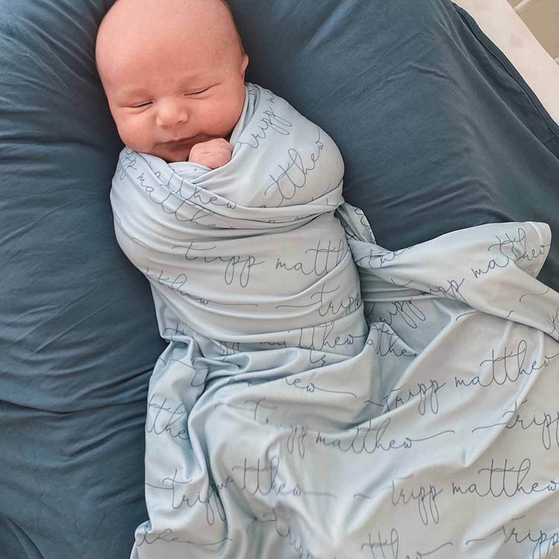 Personalized Light Dusty Blue Baby Name Swaddle Blanket – Script