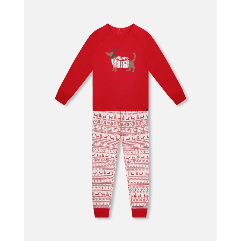 Adult Women Organic Cotton Two-Piece Pajamas Red And White Fairisle