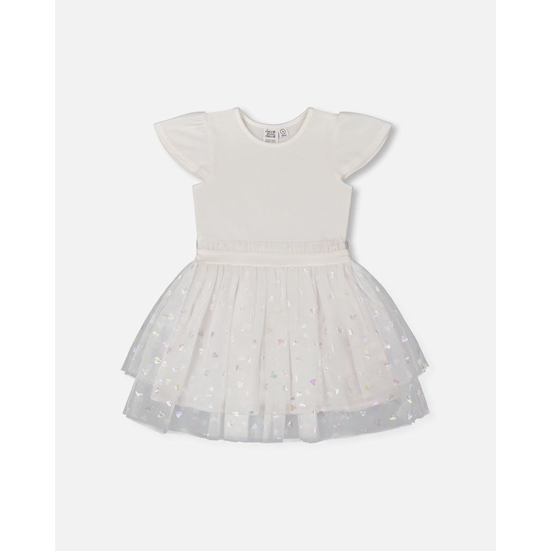 Bi-Material Dress With Glitter Hearts Skirt Snow White