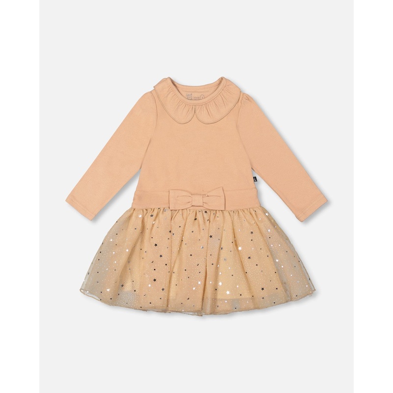 Bi-Material Dress With Glittering Skirt Beige