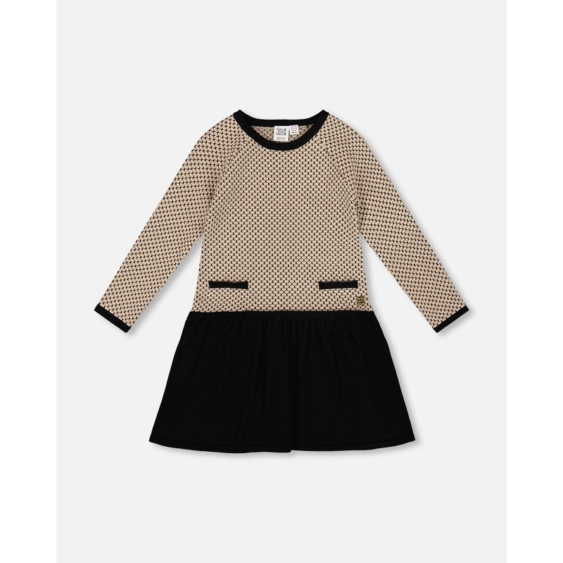 Long Sleeve Knit Sweater Dress Black And Beige