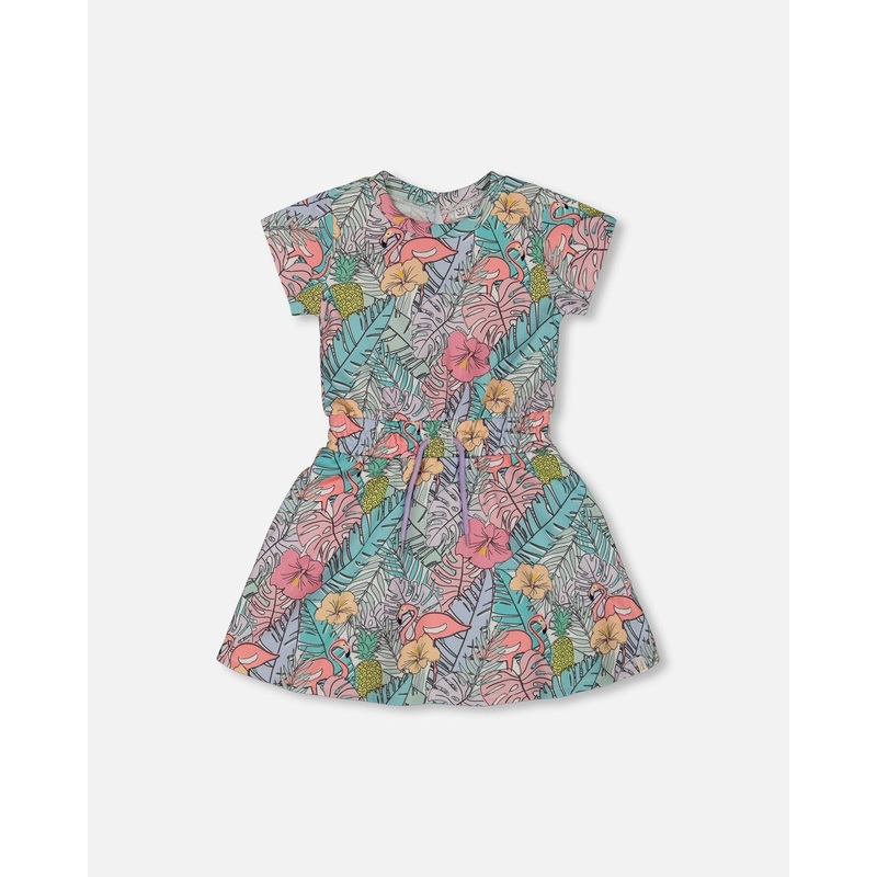 Printed French Terry Dress Lilac Tropical And Pink Flamingos