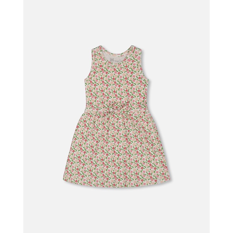 Printed Ribbed Dress With Waist Tie Small Flowers On White Background