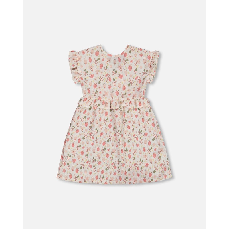 Printed Seersucker Dress With Frill Pink Flowers On Cream Background
