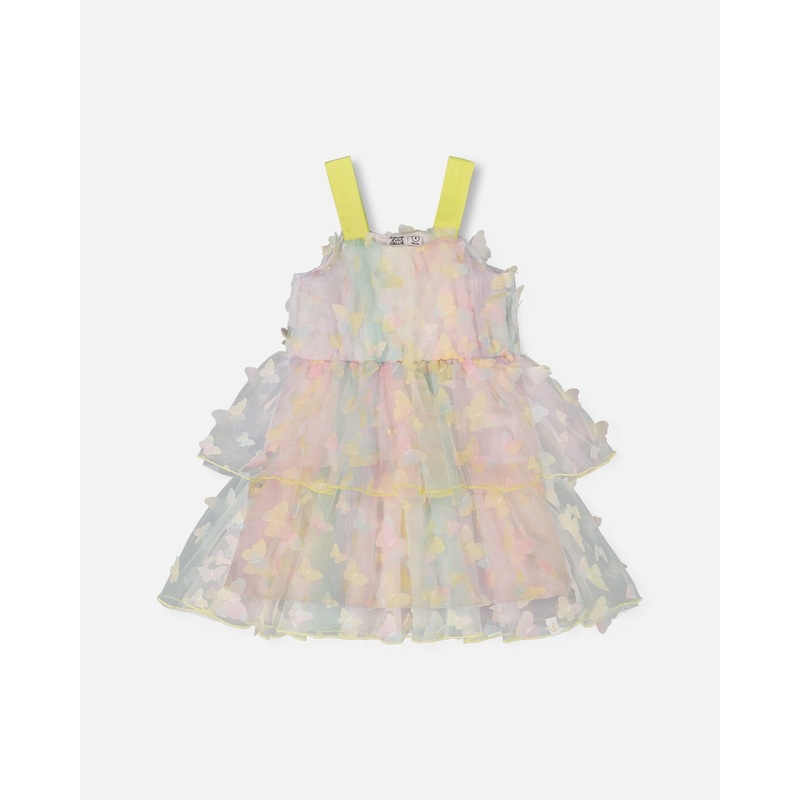 Tiered Printed Mesh Dress Multicolored With Butterflies