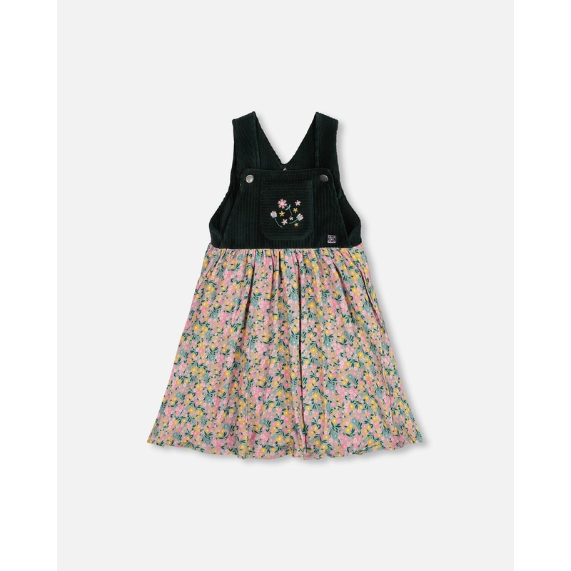 Bi-Material Overall Dress Green With Flower Print