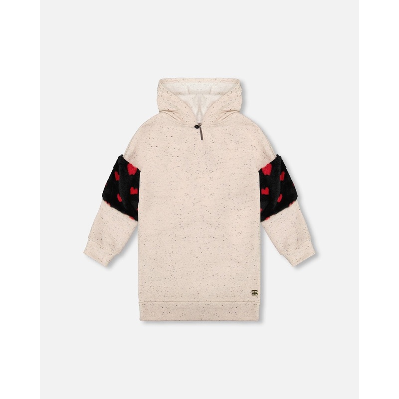 Hooded Glittering French Terry Dress Beige With Heart Bag