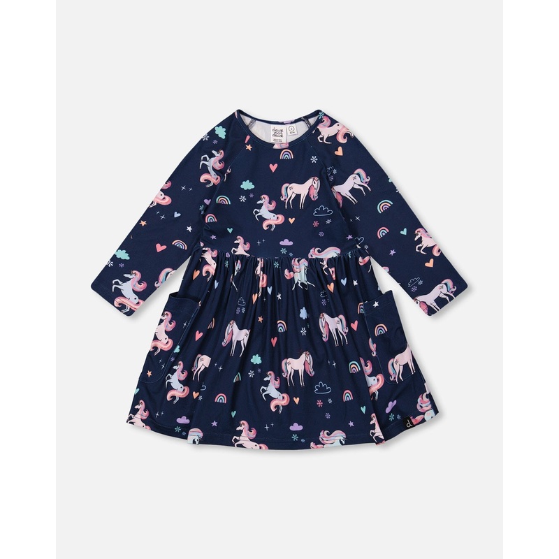Jersey Dress With Pockets Navy Unicorn Print