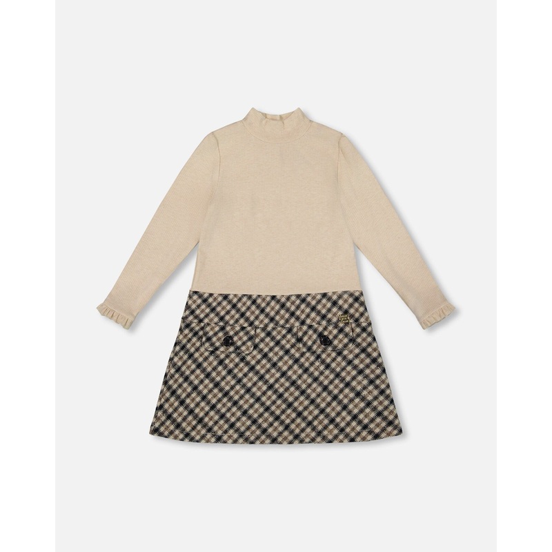Long Sleeve Bi-Material Mock Neck Dress Beige And Plaid
