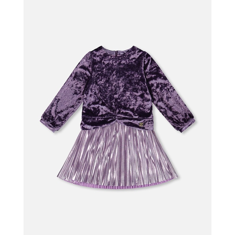 Long Sleeve Bi-Material Velour And Jersey Dress Purple Gray