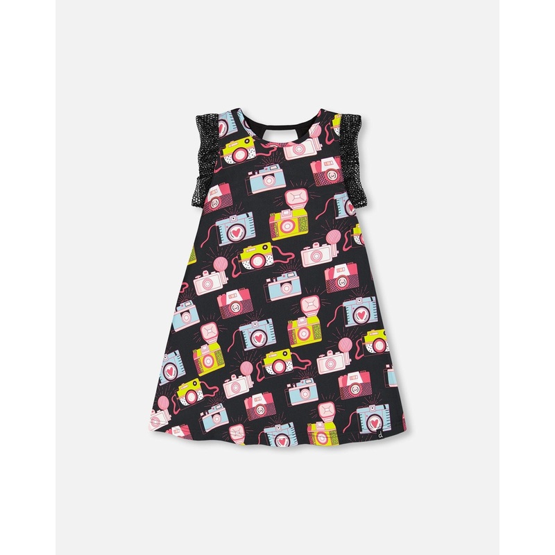 Printed Dress With Mesh Sleeves Black