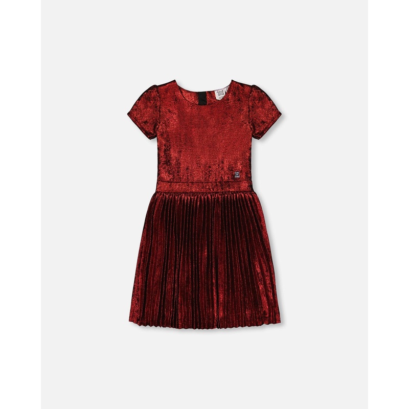 Short Sleeve Dress With Pleated Skirt Metallic Red