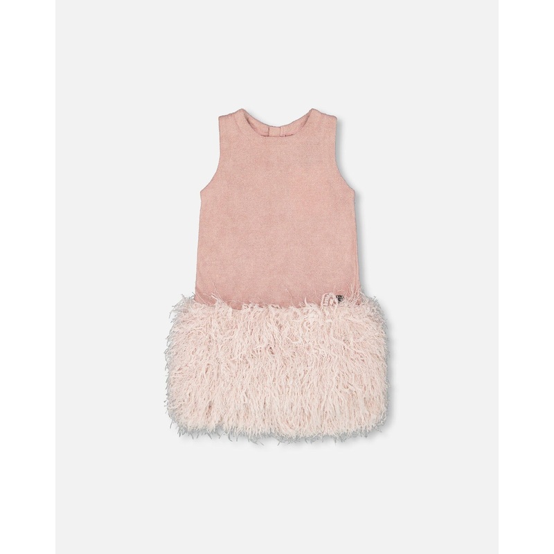 Sleeveless Bi-Material Lurex Dress With Feathers Light Pink