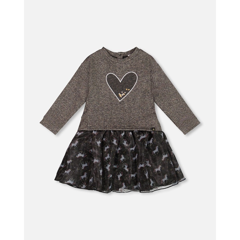 Bi-Material Dress Black With Mesh Skirt And Heart