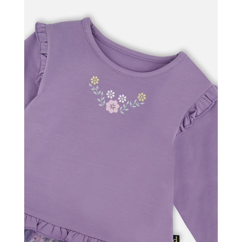 Bi-Material Dress With Muslin And Mesh Skirt Purple Gray