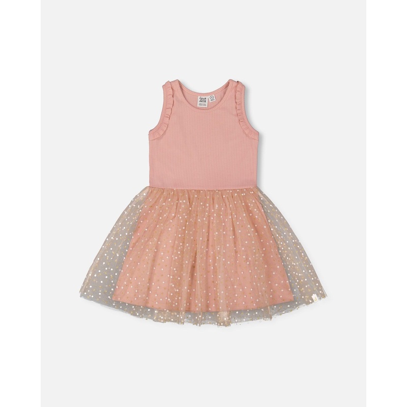 Bi-Material Dress With Printed Dots On Mesh Skirt Warm Old Pink