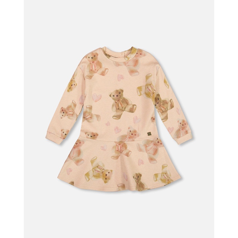 Glittering French Terry Dress Beige Teddy Bear Print