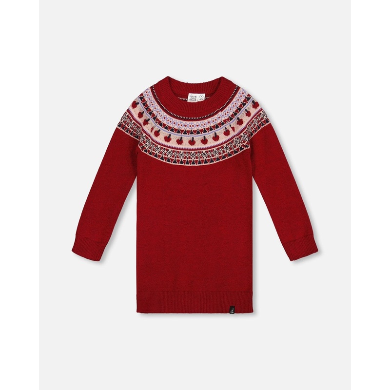 Knit Dress Red With Apple Jacquard Yoke