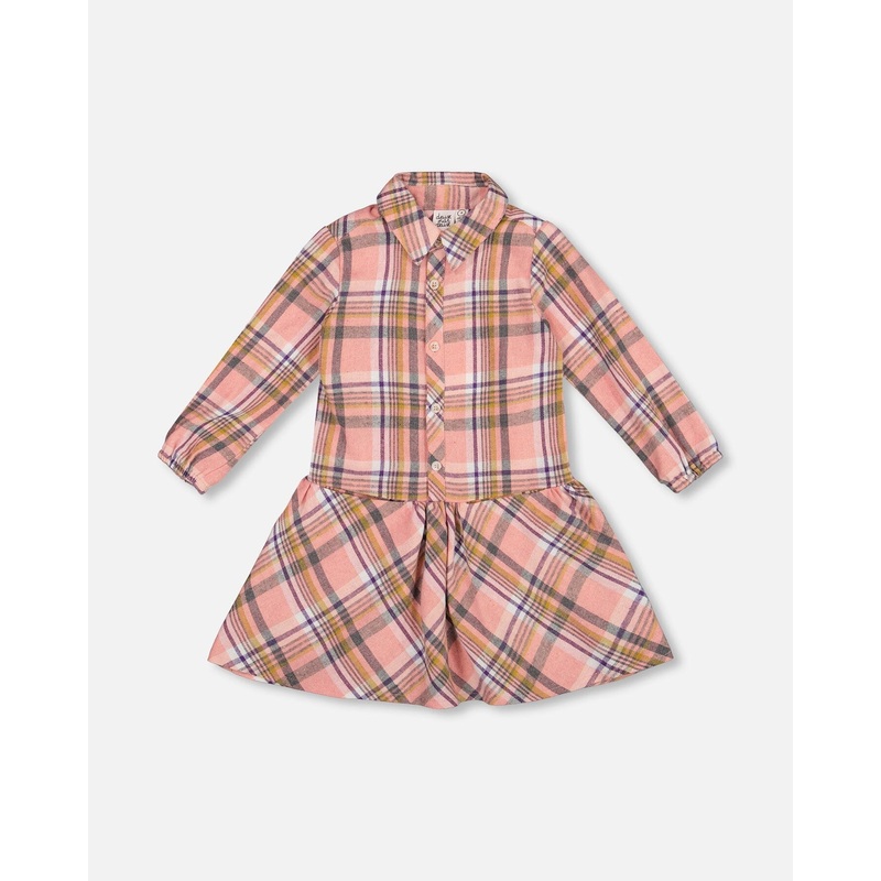Shirt Plaid Dress With Frill Pink, Yellow And Gray