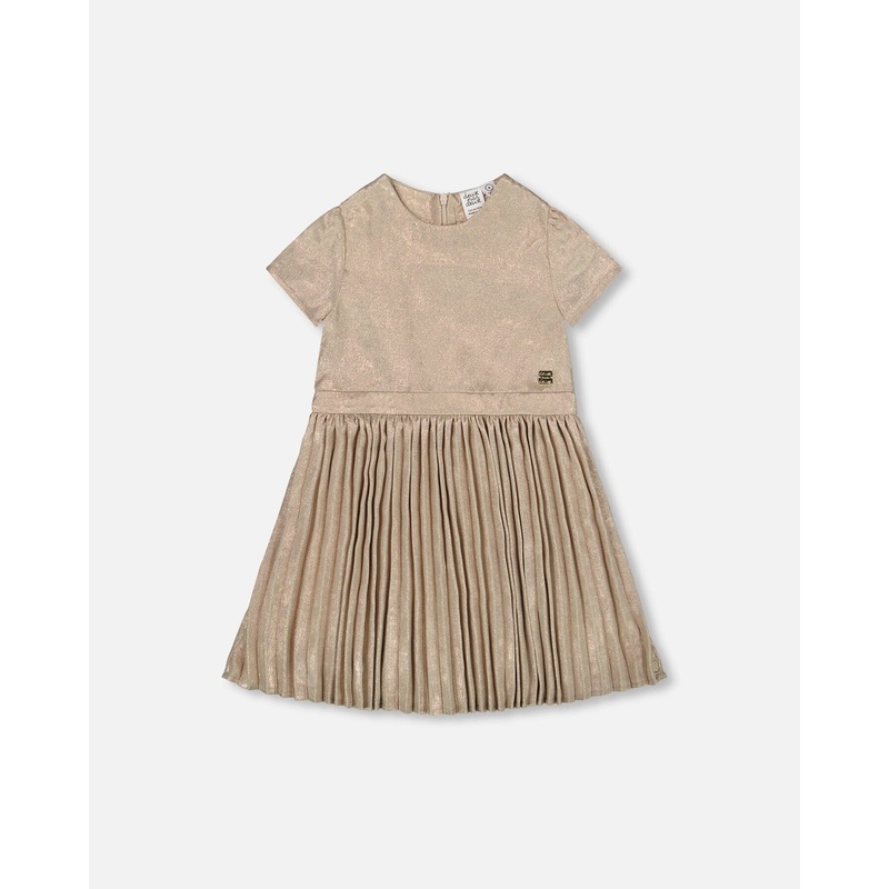 Short Sleeve Dress With Pleated Skirt Light Caramel