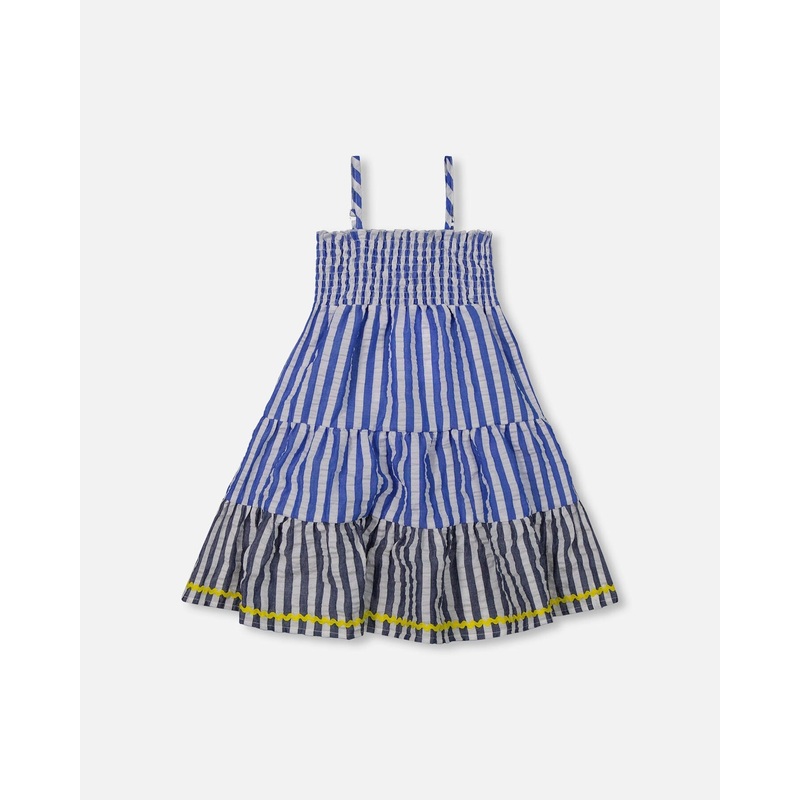 Smocked Seersucker Peasant Dress Blue And White Striped
