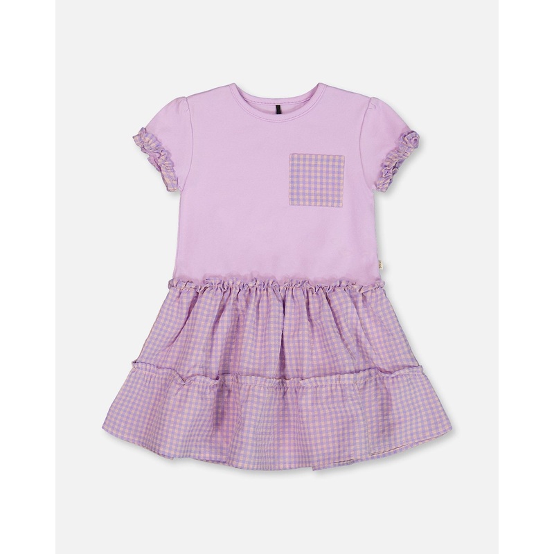 Bi-Material Dress With Ruffle Gingham Skirt Lilac And White