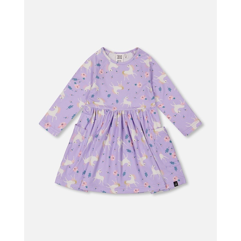 Jersey Dress With Pockets Lilac Unicorn Print