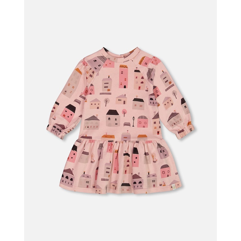 Printed French Terry Dress Pink And Coral Houses