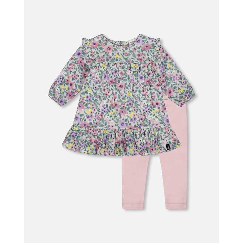 Printed Muslin Sage Floral Dress And Solid Leggings Set