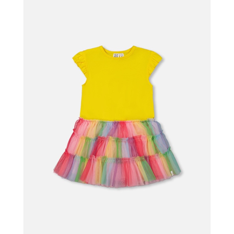 Short Sleeve Dress With Ruffle Tulle Skirt Multicolored