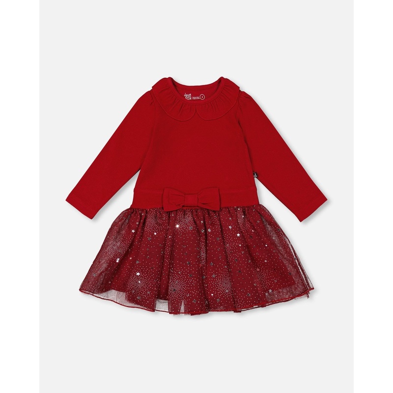 Bi-Material Dress With Glittering Skirt Red