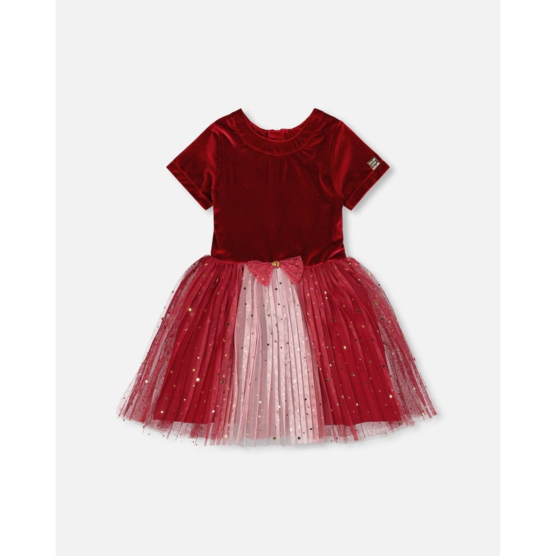 Bi-Material Short Sleeve Party Dress Red
