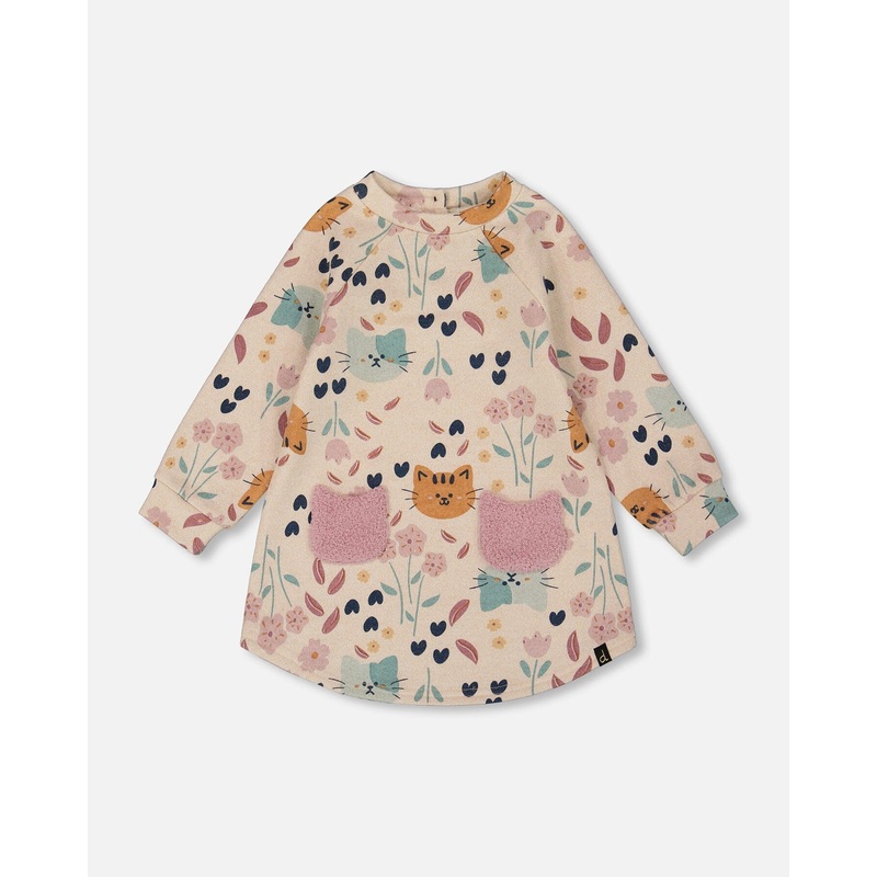 Glittering French Terry Dress Beige Printed Cat