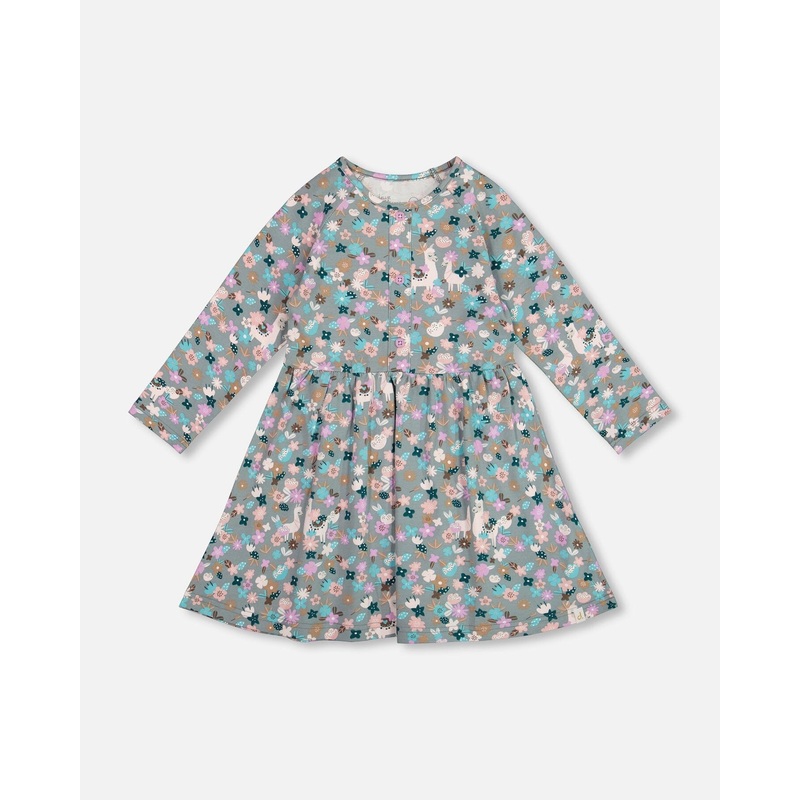 Half Button Organic Cotton Dress Blue Llama Print