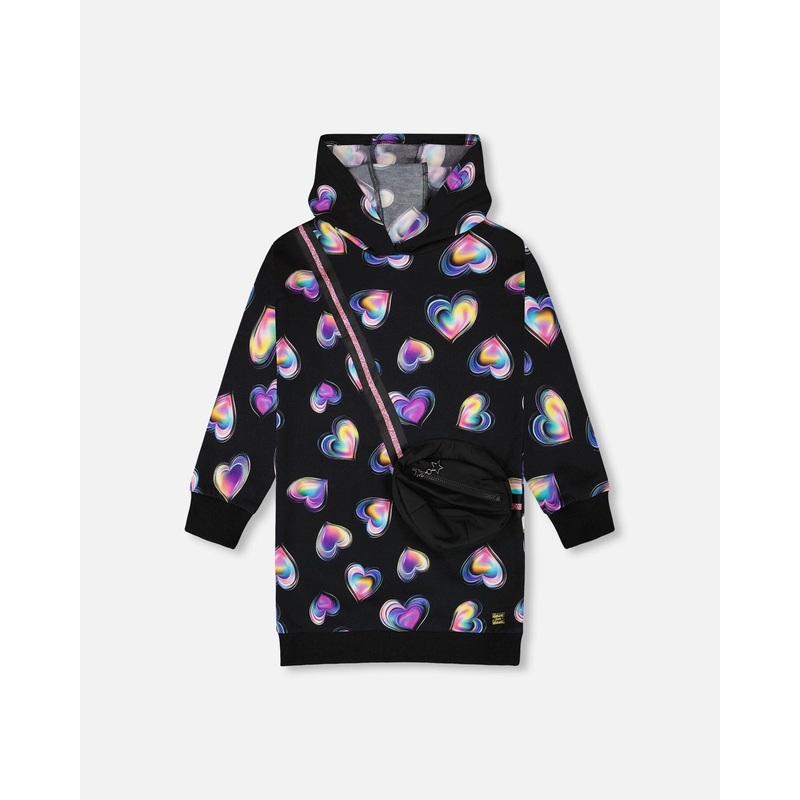 Hooded Fleece Dress Black And Multicolor With Trompe-Lil Bag Detail