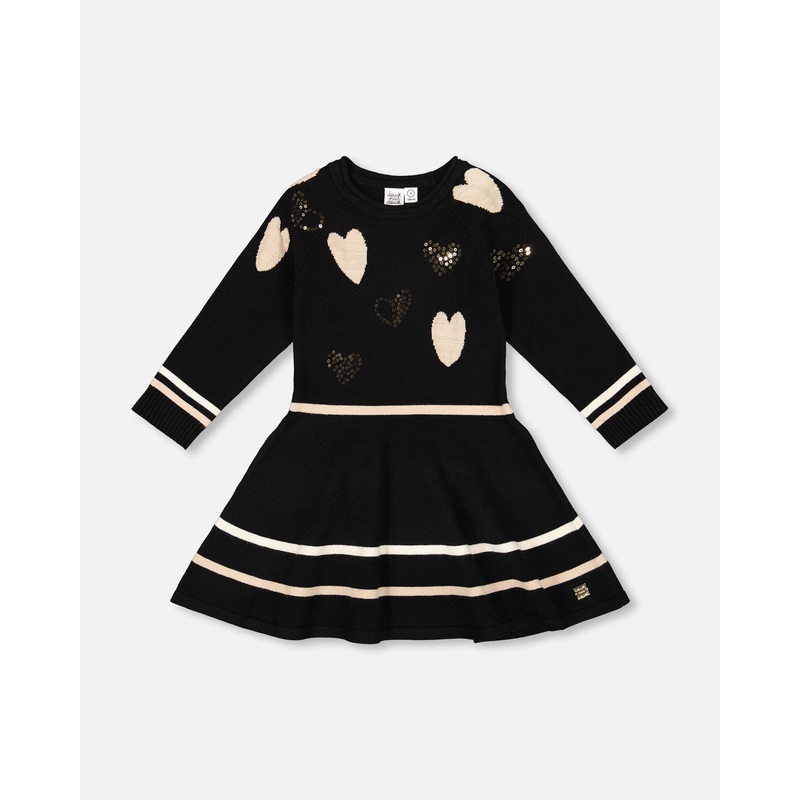 Knit Dress Black With Glittery Heart Motifs