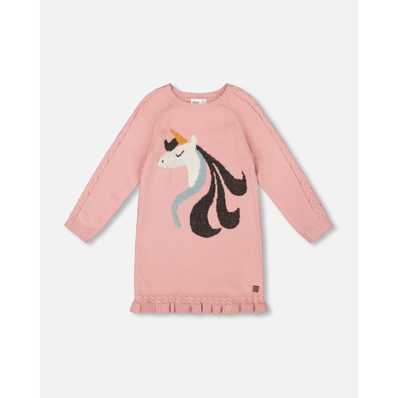 Knitted Dress Dusty Pink With Unicorn Intarsia