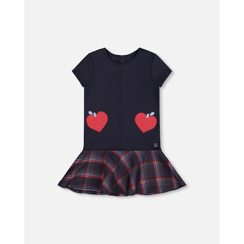 Milano Dress Navy Blue With Plaid Flounce