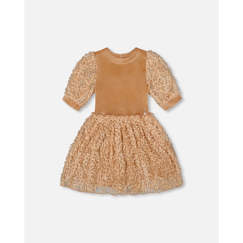 Puff Sleeve Bi-Material Velour And Lace Dress Light Caramel